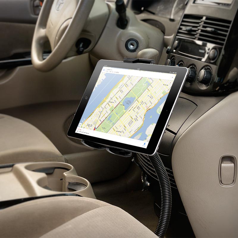 The Car or Truck Seat Rail or Floor Tablet Mount with 22 Gooseneck for iPad, Note, and more offers a flexible arm next to the seat for hands-free tablet use, perfect for displaying navigation maps while driving.