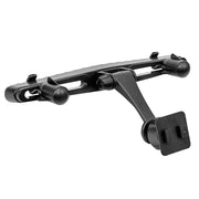 The Car Seat Headrest Mount Pedestal with Tiltable Arm features a rectangular base, dual ball joints, and is dual T-tab compatible—an adjustable and versatile mounting solution for vehicles.