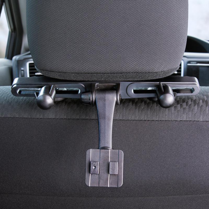 The Car Seat Headrest Mount Pedestal with Tiltable Arm and Dual T-Tab compatibility attaches to your car seat headrest, allowing you to securely mount devices or accessories in your vehicle.