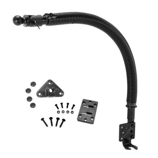 The Car Seat Rail or Floor Mount - 17mm Ball Compatible set features black metal hardware, a flexible corrugated arm with 17mm ball ends, screws, a triangular bracket, and more mounting parts—all displayed on a white background.