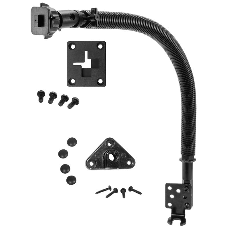 A Car Seat Rail or Floor Mount with a flexible 15 black gooseneck for Sirius XM Satellite Radio, plus mounting brackets, screws, and small round covers, is arranged on a white background.