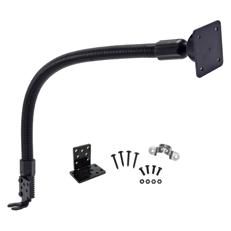 The Car Seat Rail or Floor Mount features a 22 flexible black gooseneck with an AMPS 4-hole head for satellite radios, a clamp base, and includes screws, nuts, mounting bracket, and metal piece, all shown on a white background.