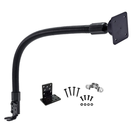 The Car Seat Rail or Floor Mount features a 22 flexible black gooseneck with an AMPS 4-hole head for satellite radios, a clamp base, and includes screws, nuts, mounting bracket, and metal piece, all shown on a white background.