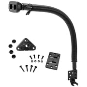 The Car Seat Rail or Floor Mounting Pedestal - Dual-T Compatible, featuring a black 18-inch gooseneck arm with brackets, screws, nuts, and rubber caps, is shown on a white background—ideal for secure car seat rail or floor mounting.