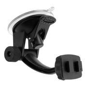 The Car Windshield Suction Mounting Pedestal - Dual-T Compatible is a black and transparent mount for cars/trucks, featuring an adjustable arm and rectangular pad for holding devices.