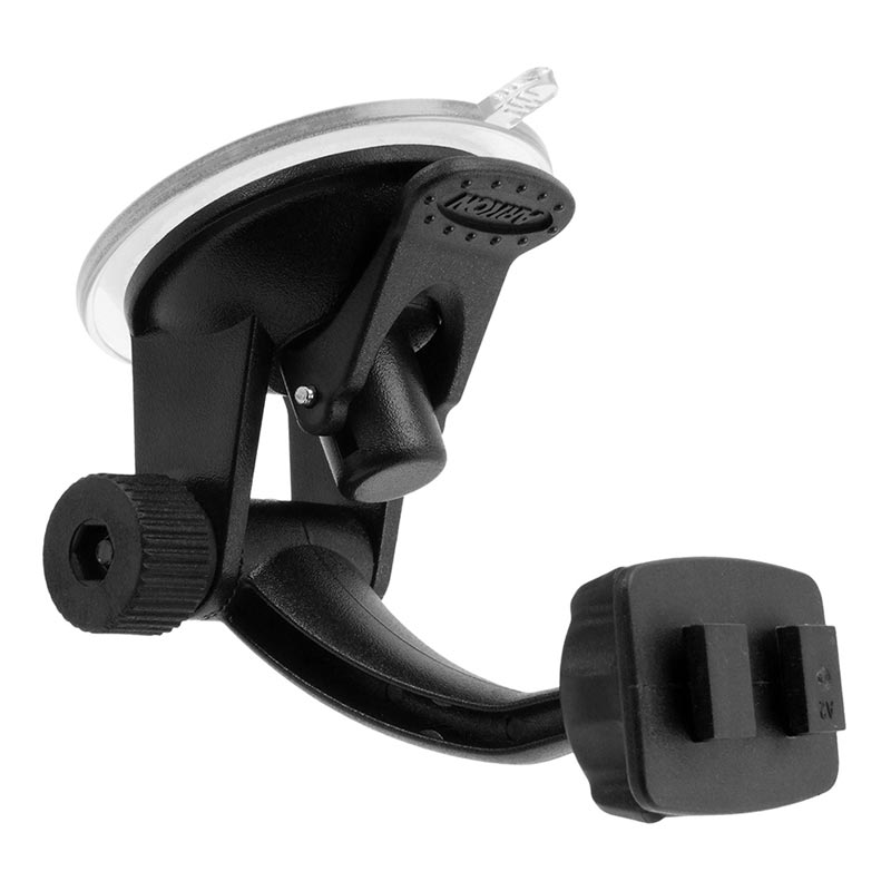 The Car Windshield Suction Mounting Pedestal - Dual-T Compatible is a black and transparent mount for cars/trucks, featuring an adjustable arm and rectangular pad for holding devices.