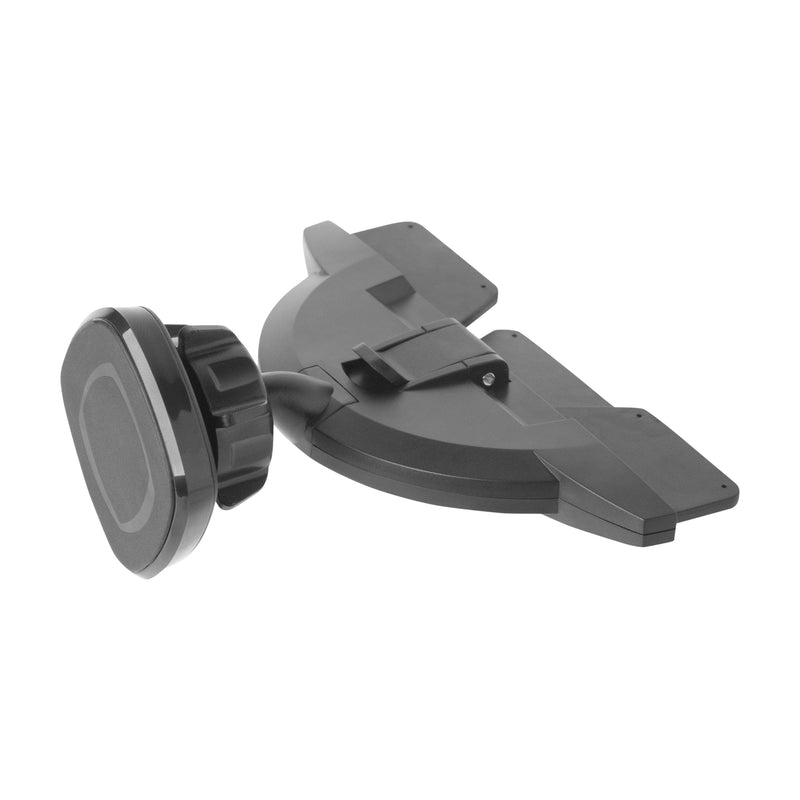 The CD Slot Phone Mount with Magnetic Holder is a black, adjustable car mount featuring a round magnetic holder and wide base for secure, hands-free use. It also installs in your CD slot for versatile mounting options.