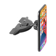 A smartphone mounted vertically on the black CD Slot Phone Mount with Magnetic Holder displays app icons. This versatile mount also fits car vents for added convenience.