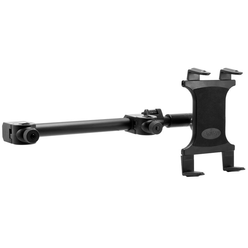 The Center Extension Car Headrest Slim-Grip® Tablet Mount securely holds your iPad, Note, and more with extendable arms and rotating joints for rear seat entertainment; gripping brackets keep devices stable during travel.