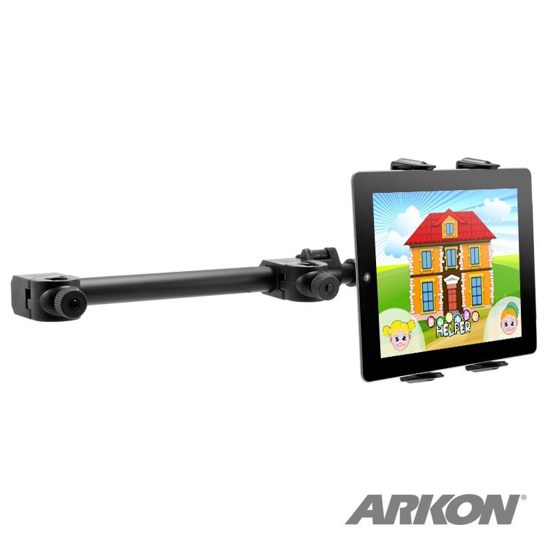 The Center Extension Car Headrest Slim-Grip® Tablet Mount for iPad, Note, and more secures a tablet showing a cartoon scene to a horizontal arm for rear seat entertainment. The black mount features the ARKON logo in the bottom right corner.