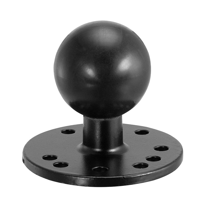 The Circular Metal 38mm (1.5 inch) Ball to 4-Hole AMPS Adapter is a black metal mounting base with a 38mm ball and a flat plate with multiple holes, perfect for use as an AMPS circular metal adapter or dashboard mount.