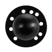 A Circular Metal 38mm (1.5 inch) Ball to 4-Hole AMPS Adapter, black with a domed center and four holes on its flat ring, is shown against a white background—ideal for AMPS mounting needs.