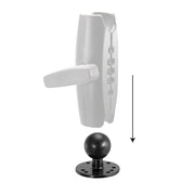 The Circular Metal 38mm (1.5 inch) Ball to 4-Hole AMPS Adapter in black is shown beneath a semi-transparent holder with a downward arrow, illustrating assembly—perfect for dashboard mounting setups.