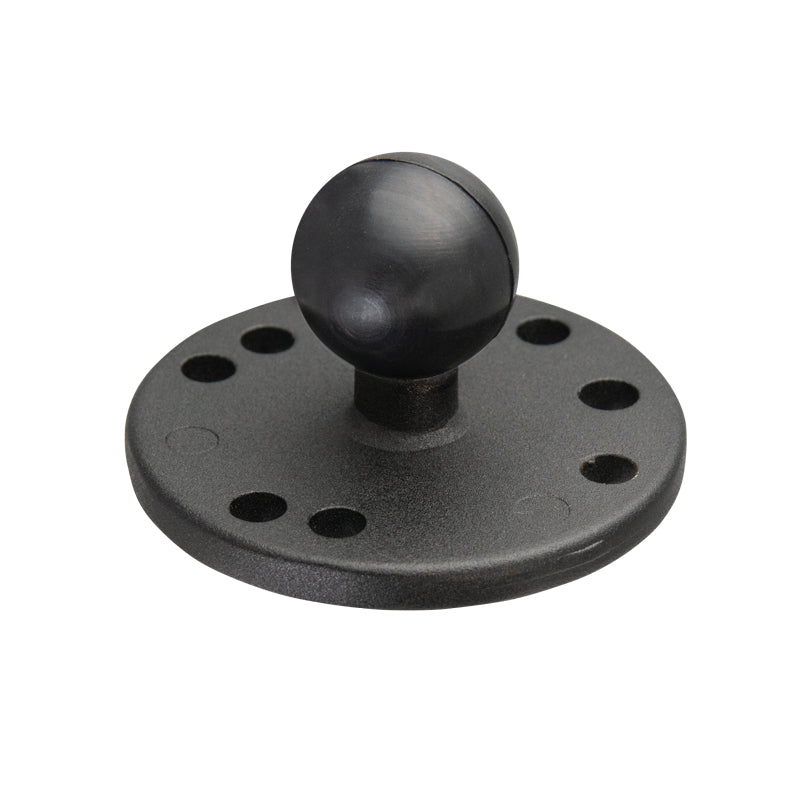 The Circular Metal Base Adapter with Rubber 25mm (1 inch) Ball is a black, round base with eight evenly spaced holes and a central rubber ball, perfect for dashboard mounting or use as an AMPS circular metal adapter.