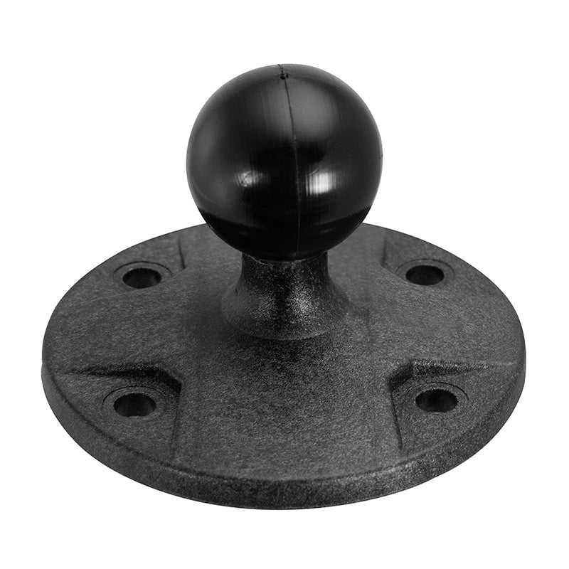 The Circular Plastic 25mm (1 inch) Ball to 4-Hole AMPS Adapter features a round base with a 25mm ball and four screw holes in the AMPS pattern, ideal for use with RAM Mounts.