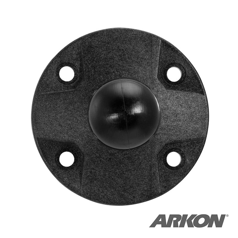 The Circular Plastic 25mm (1 inch) Ball to 4-Hole AMPS Adapter is a round black mounting plate with four screw holes and a central ball, compatible with RAM Mounts. The ARKON logo appears in the lower right corner when viewed from above.