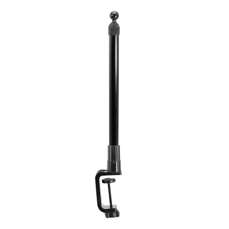 The Clamp and Extendable 17-29 inch Pole with 25mm (1 inch) Ball securely mounts to a desk edge, offering an adjustable black metal rod and round ball finial for versatile positioning.