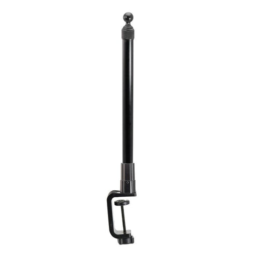 The Clamp and Extendable 17-29 inch Pole with 25mm (1 inch) Ball securely mounts to a desk edge, offering an adjustable black metal rod and round ball finial for versatile positioning.