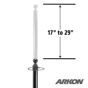 The Clamp and Extendable 17-29 inch Pole with 25mm (1 inch) Ball features an extendable clamp for versatility. A double-headed arrow indicates its range. The Arkon logo appears in the bottom right corner.