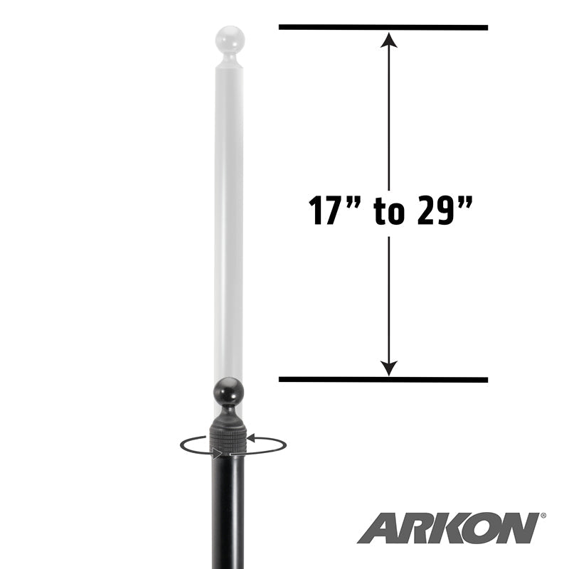 The Clamp and Extendable 17-29 inch Pole with 25mm (1 inch) Ball features an extendable clamp for versatility. A double-headed arrow indicates its range. The Arkon logo appears in the bottom right corner.