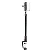 The Clamp and Extendable 17-29 inch Pole with 25mm (1 inch) Ball is a black adjustable arm with a desk clamp at the base and tightening knob on top for mounting equipment; a black arrow points down from the knob.
