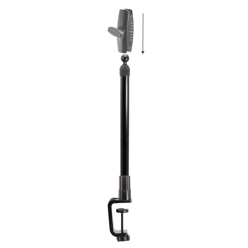The Clamp and Extendable 17-29 inch Pole with 25mm (1 inch) Ball is a black adjustable arm with a desk clamp at the base and tightening knob on top for mounting equipment; a black arrow points down from the knob.