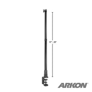 The Clamp Base Upgrade is an optional clamp base for the Pro Stand, shown here with a black adjustable mounting pole (extends 17–29) ideal for overhead shots. The ARKON logo appears in the bottom right corner.