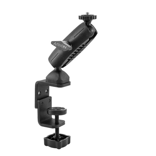 The Clamp Camera Mount for Nikon, Sony, Samsung, Canon, Olympus, and Panasonic cameras easily attaches to tables or flat surfaces. It features a tightening knob, rotating joint for flexible positioning, and a 1/4-20 adapter.