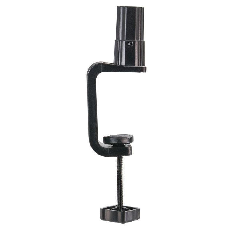 This lightweight black metal Clamp for Converting Remarkable Creator™ Stands features a top cylindrical bracket and bottom screw adjustment, making it ideal for securing objects to flat surfaces like desks or tables.