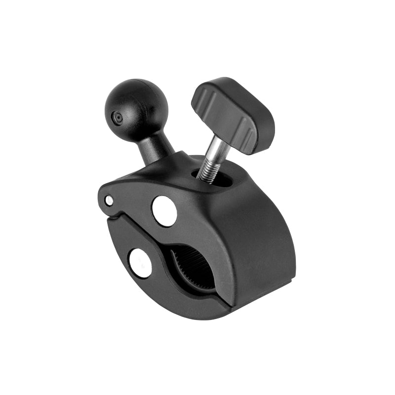 The Clamp Post Mount - 22mm Ball Compatible is a black, adjustable mount with a screw handle, designed for securely attaching devices or accessories to various surfaces using its round 22mm ball interface.