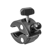 The Clamp Post Mount -17mm Compatible is a black, adjustable clamp with a top screw knob and side 17mm swivel ball joint, ideal for securely attaching objects or Garmin nuvi mounts to rods or surfaces.