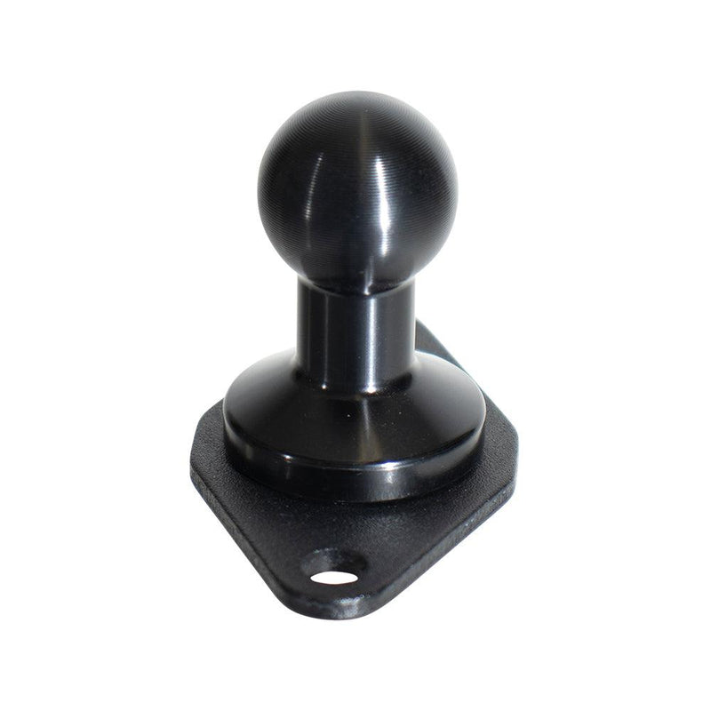 A close-up of the black metal Diamond 2-Hole AMPS to 20mm Ball Adapter, featuring a rounded 20mm ball on a rectangular base with two mounting holes, ideal for connecting AMPS-compatible devices to 20mm mounts.