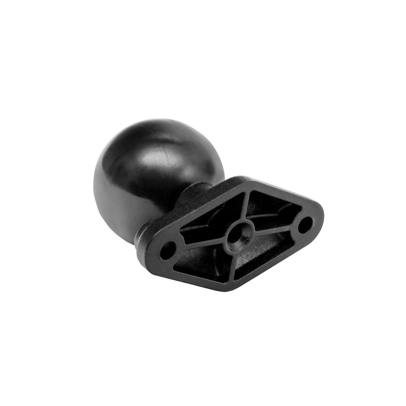 The Diamond-Shaped 38mm (1.5 inch) Ball to 2-Hole AMPS Adapter features a round ball on one end and a diamond-shaped flat plate with two screw holes, making it ideal for mounting accessories or devices securely.