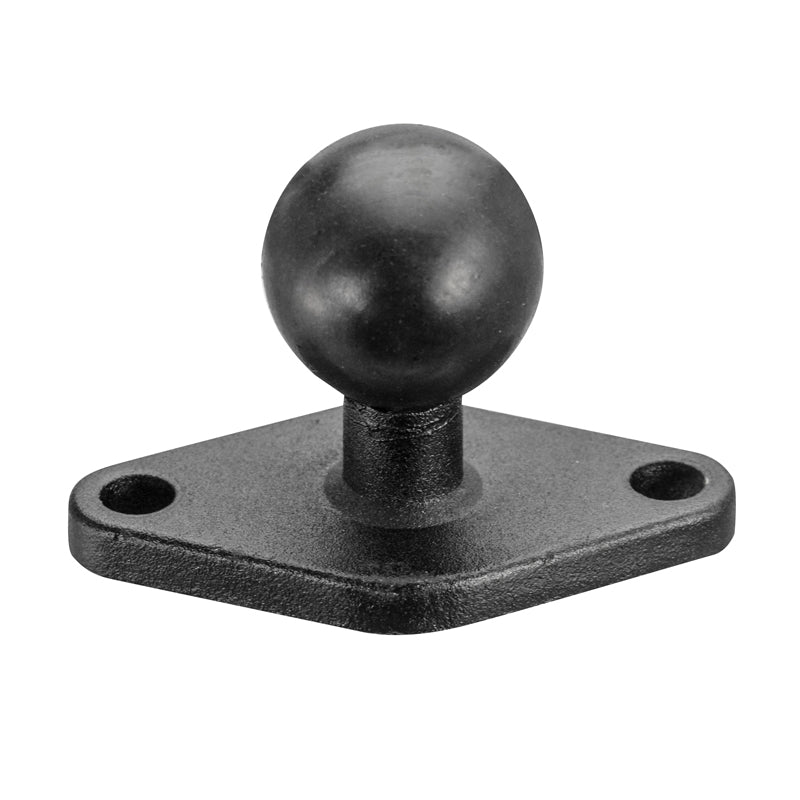 The Diamond-Shaped Metal 25mm Ball to 2-Hole AMPS Compatible Adapter features a metal mount with two screw holes for attachment, designed for ball-and-socket mounting systems.