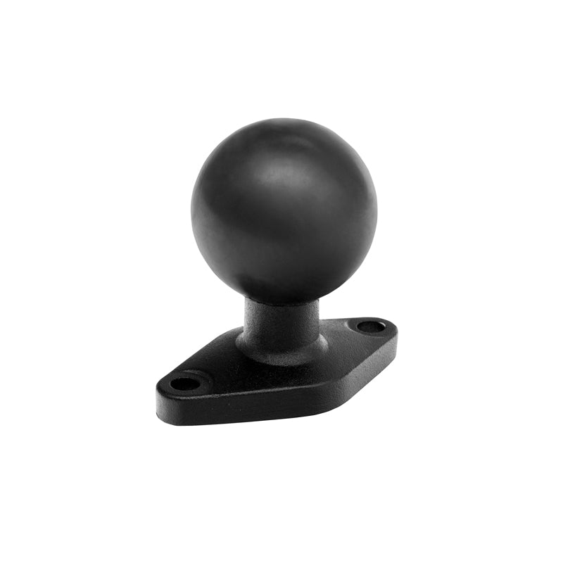 The Diamond-Shaped Metal 38mm (1.5 inch) Ball to 2-Hole AMPS Compatible Adapter features a black metal diamond plate with two screw holes and a round ball, ideal for mounting accessories or devices.