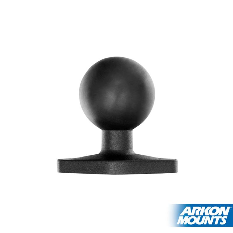 The Diamond-Shaped Metal 38mm (1.5 inch) Ball to 2-Hole AMPS Compatible Adapter is shown front-facing with a flat base on a white background. The Arkon Mounts logo is visible in the bottom right corner.