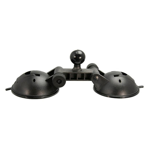 The Double 80mm Windshield Suction Pedestal with 25mm Ball is a robust black mount with adjustable knobs, designed to securely hold devices or equipment on flat surfaces.