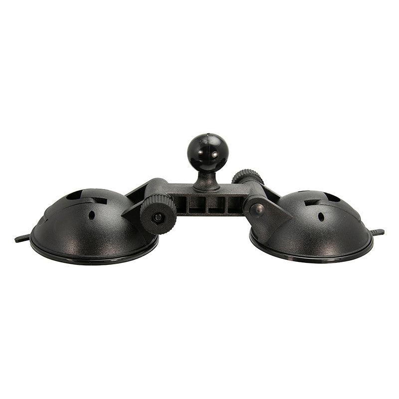 The Double 80mm Windshield Suction Pedestal with 25mm Ball features dual suction cups and an adjustable arm, providing a sturdy solution for securely holding devices on smooth surfaces.