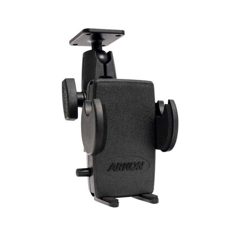 The Drill-Base Mega Grip™ Phone Mount fits iPhone, Galaxy, Note, and more. It features adjustable clamp arms, an adjustable arm, a 4-hole AMPS drill base, and displays the Arkon brand name on the front.