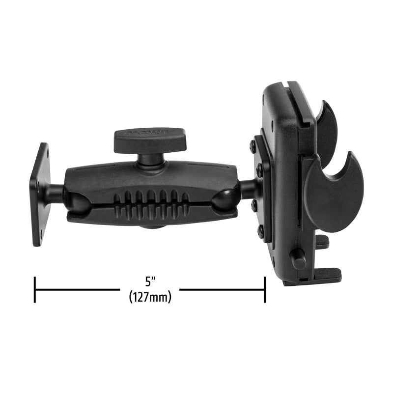 The Drill-Base Mega Grip™ Phone Mount for iPhone, Galaxy, Note, and more features a black adjustable arm with a clamping holder on one end and a 4-hole AMPS base plate, shown here in the 5-inch (127mm) length—perfect for versatile phone mounting needs.