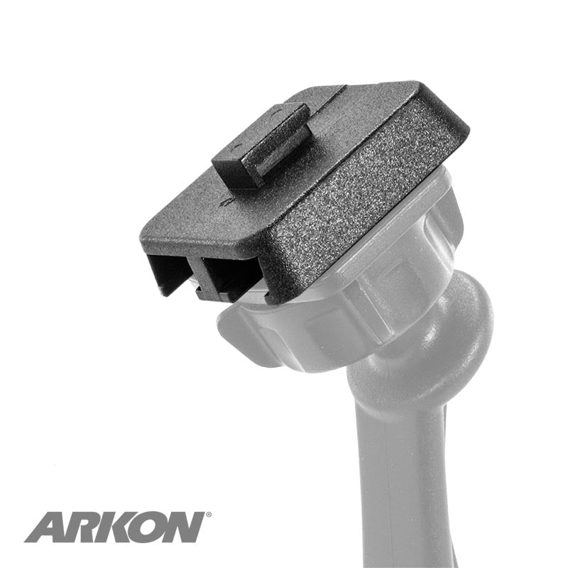 Close-up of a black Dual-T Mount Adapter for XM Radio, Scosche, or Bracketron Single-T Holders with an adjustment knob, attached to a light arm against a white background. The ARKON logo is visible in the lower left corner.