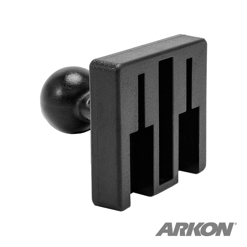 The Dual T-Slot to 17mm Ball Adapter for Garmin GPS is a black plastic mount with a square face and three vertical slots, connected to a round ball joint. The ARKON logo is displayed in the bottom right corner.