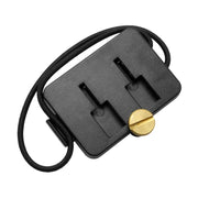 The Dual T-Slot to Dual T-Tab Elastic Securing Strap Handlebar Mount Adapter is a black rectangular plastic device with two slots, a central gold screw, and a black elastic bungee strap, shown on a white background.