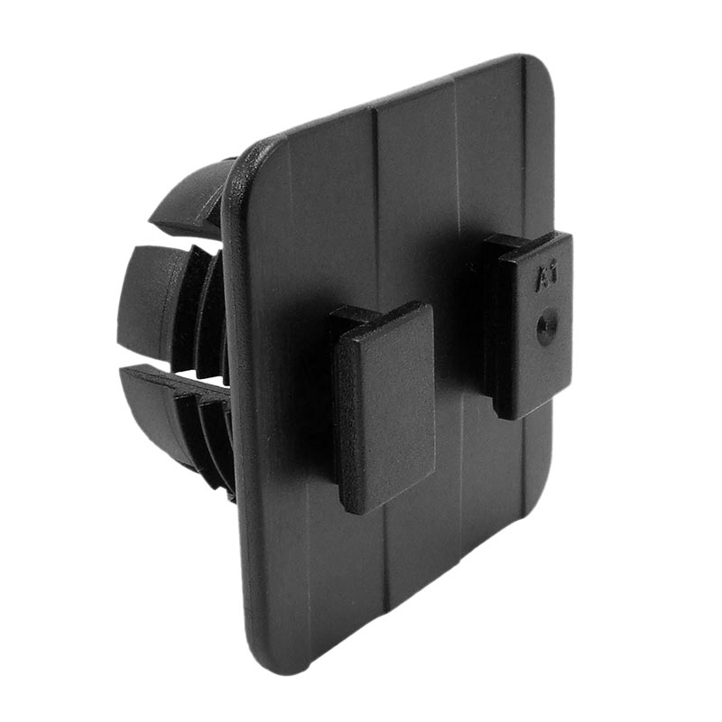 The Dual T-Tab to 22mm Ball Mount Adapter is a black, square plastic cap with ribbed sides and two rectangular tabs, designed for easy insertion into square tubes—ideal as an Arkon mount or adapter.