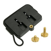 The Elastic Securing Strap Handlebar Mount Adapter is a black rectangular plate with two parallel slots, a central threaded hole, an attached black elastic strap at one corner, and includes two small gold knurled screws.