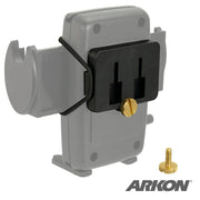 The Elastic Securing Strap Handlebar Mount Adapter is a black rectangular adapter with a gold screw that attaches to a gray universal phone holder. Another gold screw sits in front, with the Arkon logo visible at the bottom right corner.