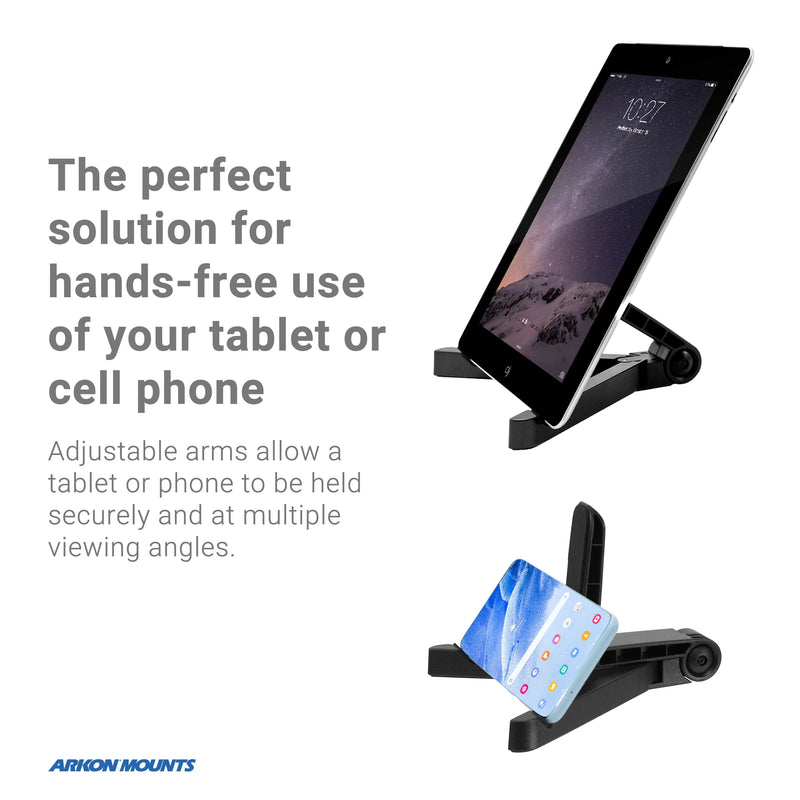 Two black Portable Tablet & Phone Stand holders by Arkon Mounts support a tablet and phone at different angles. Text details hands-free use, adjustable arms, and varied viewing angles. Arkon Mounts logo appears bottom left.