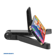 A black Portable Tablet & Phone Stand holds a smartphone upright with its colorful home screen showing. The Arkon Mounts logo is visible in the bottom left corner.