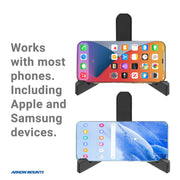 Two smartphones—one Apple iOS, one Samsung Android—rest horizontally on a Portable Tablet & Phone Stand. Text reads: Works with most phones, including Apple and Samsung devices. Brand: Arkon Mounts.