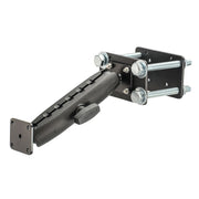 The Forklift Front Guard AMPS Mount with 7.25 metal shaft features a black rectangular base, pivoting arm, and metal bolts for secure attachment—ideal as an AMPS-compatible tablet holder for warehouse vehicles or equipment.